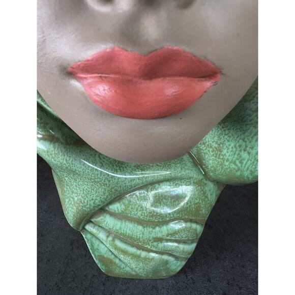 Vintage Female Head Bust Hand Painted Chalk Ware Green Head Scarf Ceramic - Picture 7 of 16